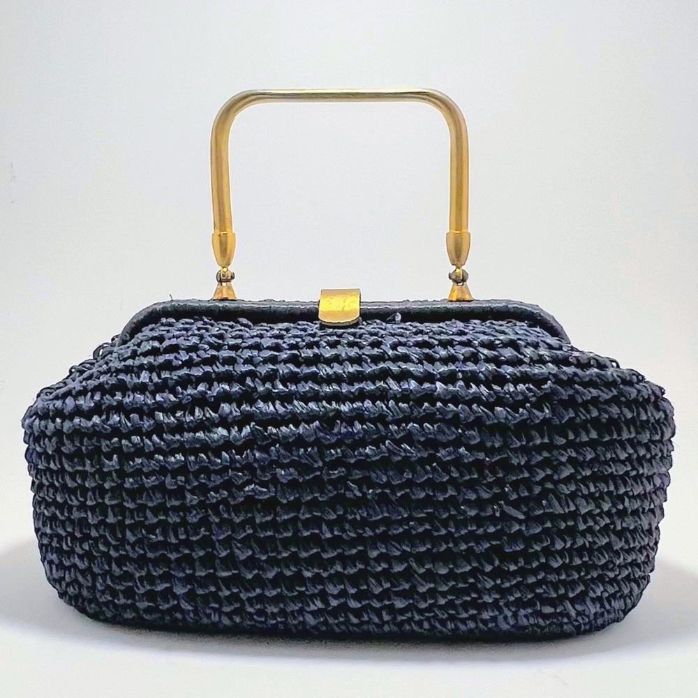 Women's Vintage Handbag Navy Raffia  Made In Italy For The May Co Cleveland Rare